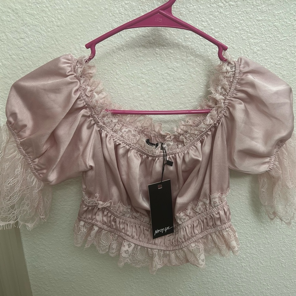 NWT Nasty Gal Satin Lace Bardot Top Dusky Pink
